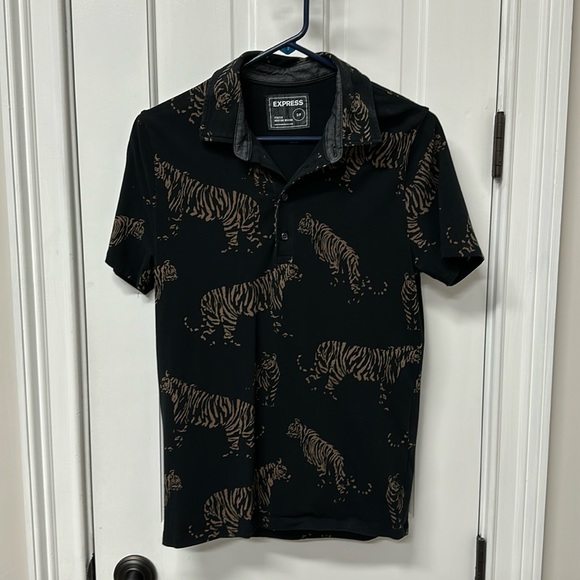 Express Tiger Print Polo Short Sleeve Shirt - Soft, Stretchy & Black - Picture 1 of 6